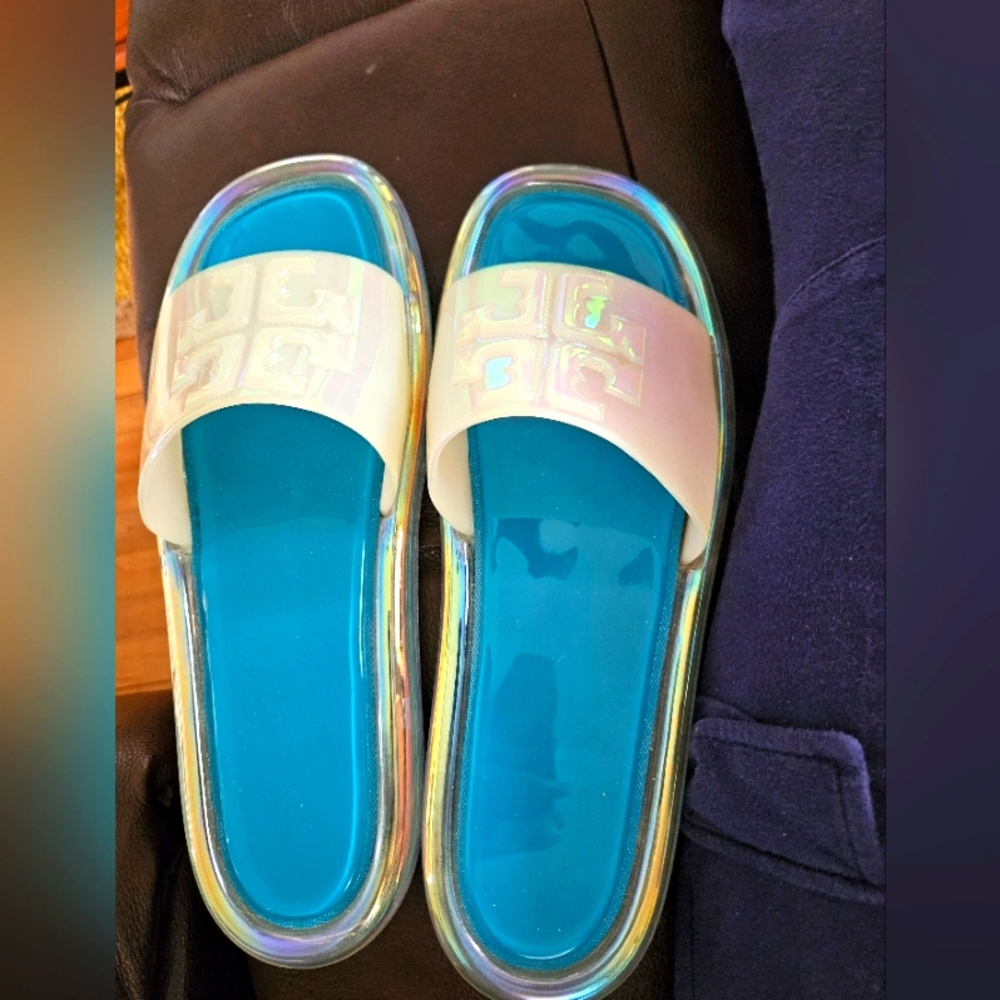 Tory Burch Iridescent White Slide Sandals with Bright Blue Footbed